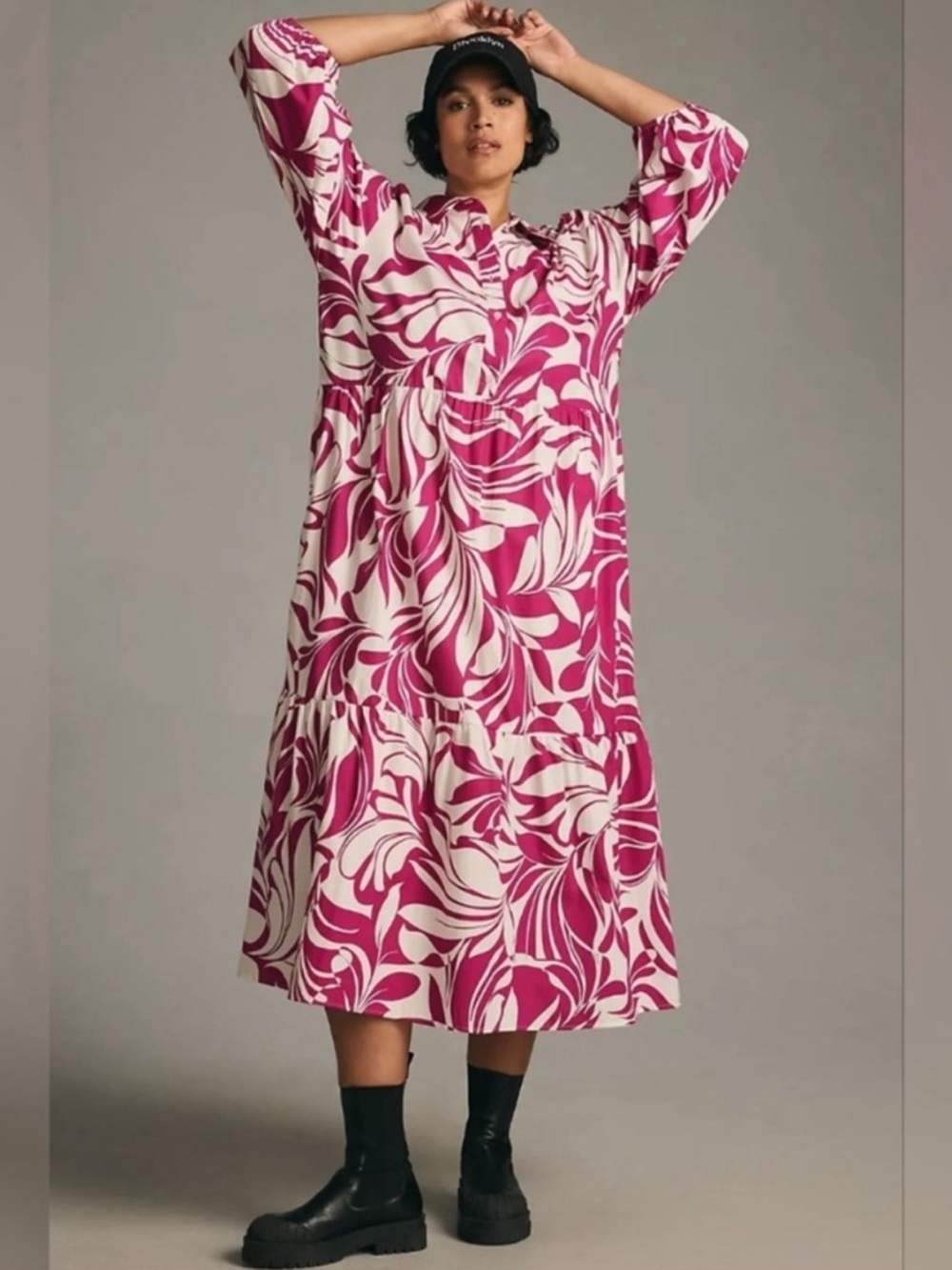 Anthropologie The Bettina Tiered Maxi Midi Shirt Dress Floral  cotton small